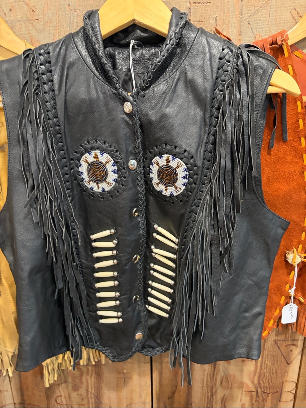 Black Leather Fringe Vest with Bead & Bone Accents